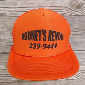VINTAGE RODNEY'S RENTAL ORANGE FOAM TRUCKER MESH VENTED SNAPBACK HAT CAP